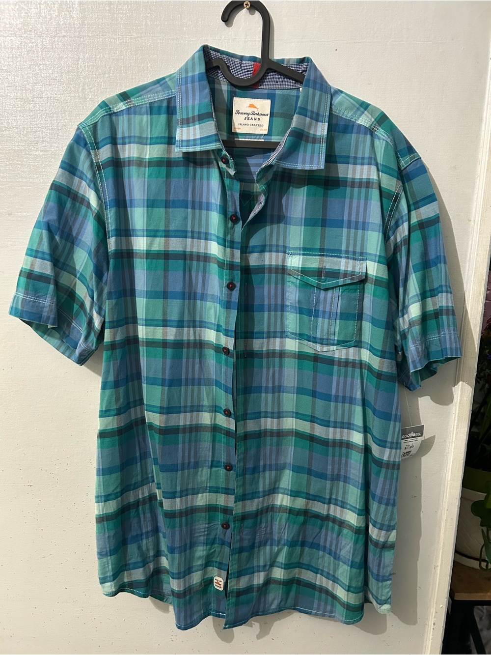 Tommy Bahama Green & Blue Plaid Short Sleeve Button-Down Shirt